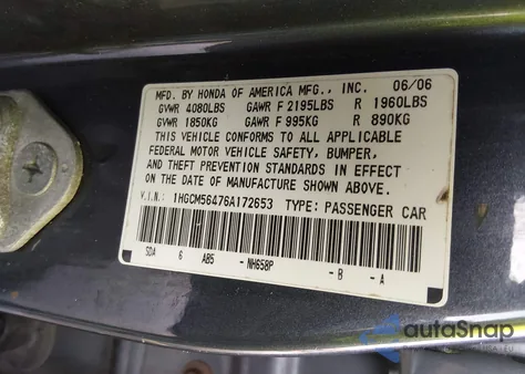 2006 Honda Accord 2.4 Lx z USA, uszkodzony, nr VIN 1HGCM56476A172653